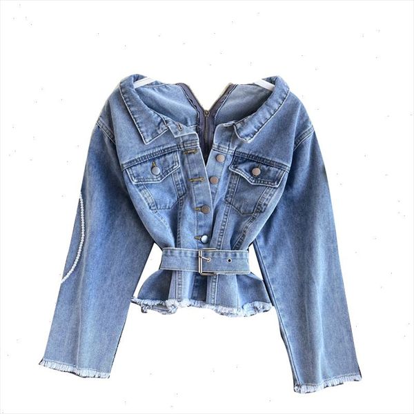 

early spring 2021 new careful machine button denim coat cardigan tie thin shirt womens denim jacket, Black;brown
