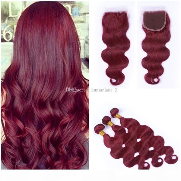 

8a grade brazilian 99j burgundy hair weaves with lace closure wine red body wave human hair bundles with 4x4 lace closure 4pcs lot, Black;brown