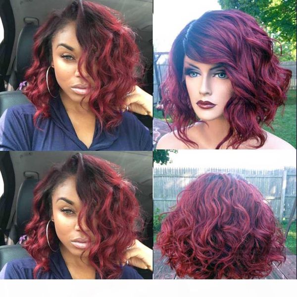 

ombre 99j short bob wavy body wave human lace front wig glueless natural black dark wine virgin hair women wigs cut curly, Black;brown