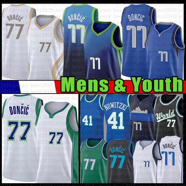 

men's youth kids luka doncic youth kid's 77 basketball jersey dirk nowitzki 2021 new 75th anniversary white blue jerseys 41, Black;red