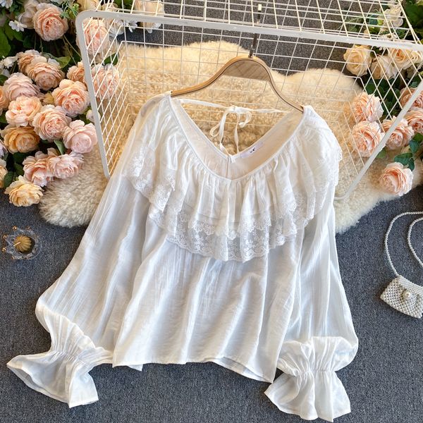 

2021 new female singiny fringe ruffled blouse autumn neck long stylish solid streetwear blouses w0c7, White