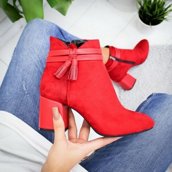 

sole 2020 red tassel ankle women's shoes single autumn winter pointed toe thick with short boots, Black
