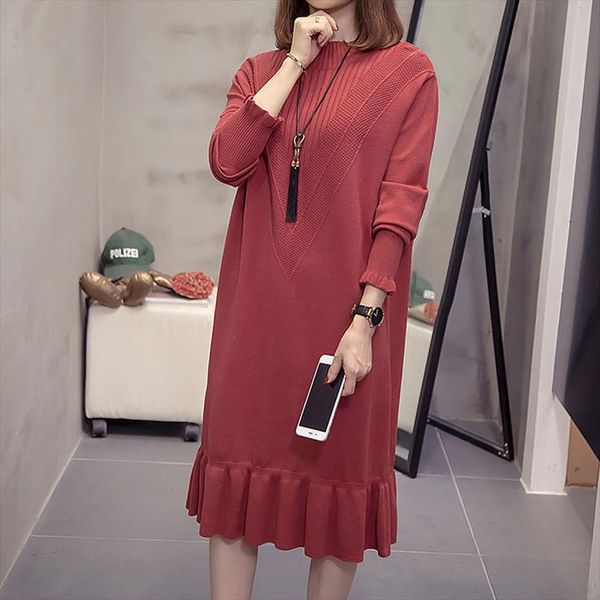 

женщины вязаные свитеры для свитера женские высокие талии свитер платье плюс размер свободных рукавов дамы свитер платья, Black;gray