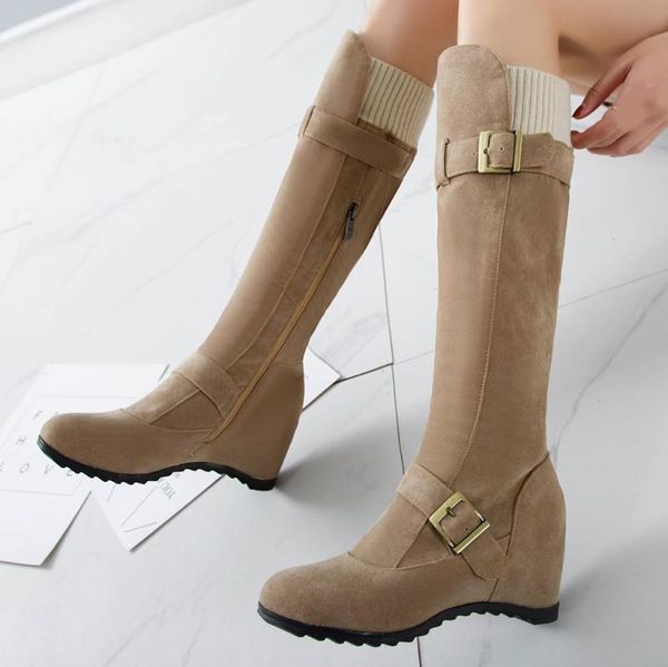 

boots women's side zip buckle knee high wedges shoes with thick scrub casual middle tube booties, Black