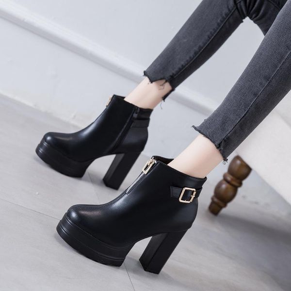 

boots women new 2020 luxury designer platform round toe winter footwear shoes mid calf rubber fashion lolita low, Black