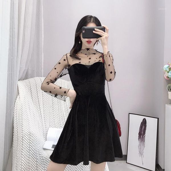

temperament women's clothing black a-line short dress mesh patchwork velour perspective woman dress vestidos femininos new1, Black;gray