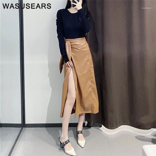 

midi skirt for women leather lace up skirt long pu leather high waist black skirts ladies high slit skirts casual1