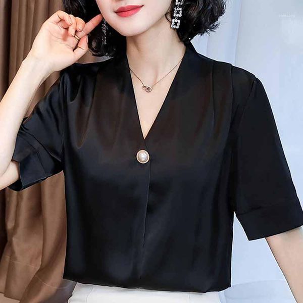 

blouse women 2021 blusas mujer v-neck office blouse women shirts short sleeve black chiffon shirt blusa d2281, White