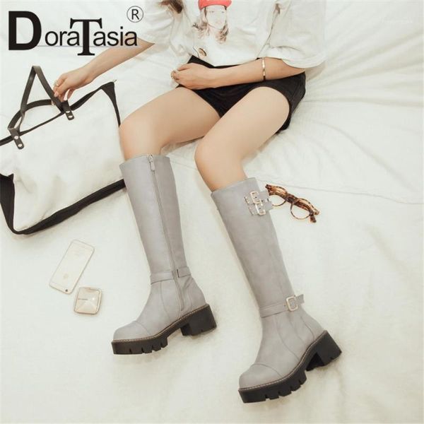 

boots doratasia big size 33-43 ladies chunky heels mid calf 2021 concise women platform zipper buckle shoes woman1, Black