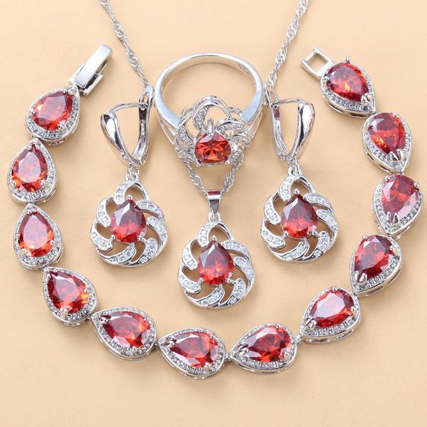 

10-color bridal jewelry sets natural red garnet cz earrings necklace bracelet ring for women set, Silver