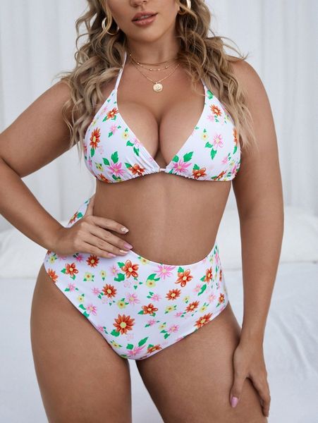 

plus floral print halter bikini swimsuit 76qc#, Black