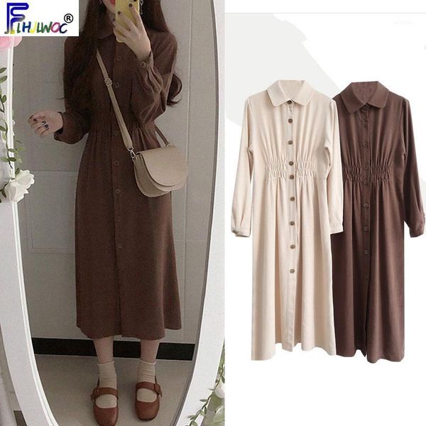 

casual dresses vintage long autumn winter basic wear women slim waist a line beige brown button shirt dress korea style design 80251, Black;gray
