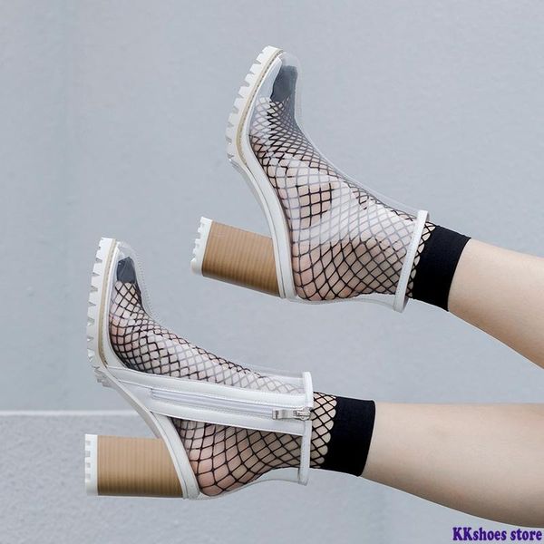 

весна лето новый сексуальный pvc transparent сапоги сандалии peep toe ким кардашян обувь clear коренастый пятки сандалии mujer женщин сапоги, Black