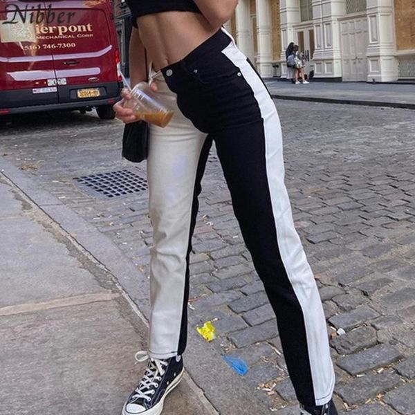 

nibber stylish contrast patchwork cotton hin thin straight pants women fall street activity slacks trousers femme casual clothes, Black;white