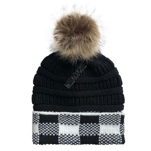 

winter hats beanies women tartan plaid color block warm wool caps knitted hat with fuzzy ball cap skullies caps crochet hats 2 color d102711, Silver