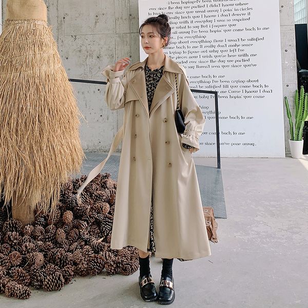 

2021 new long trench coat female spring new korean loose fashion casual double lapel breasted 5n jacket sykj, Black;brown