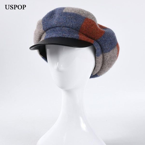 

stingy brim hats uspop 2021 women winter wool color blocking octagonal hat cap patchwok berets, Blue;gray