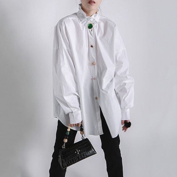Camicie da donna Camicette con decorazione a bottoni di grandi dimensioni Nuovo colletto alla coreana Camicia ampia a maniche lunghe Moda Primavera Autunno 2022