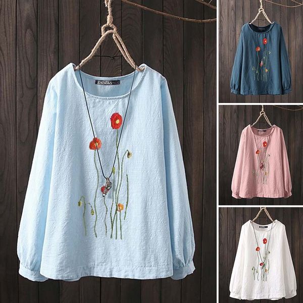 

women's blouses & shirts embroidery blouse zanzea 2021 elegant floral long sleeve female o neck blusas casual tunic oversized, White