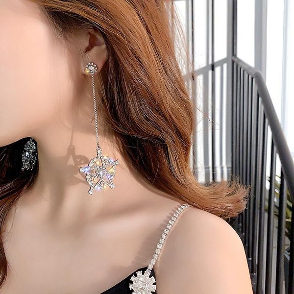 

fyuan big pentagram rhinestone drop earrings for women long tassel crystal dangle earrings statement jewelry, Silver