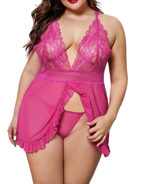 

women lace stitching mesh ruffle plus size lingerie deep v-neck slit front halterneck exotic pajamas nightdress babydoll chemise with thong