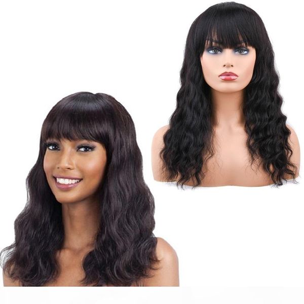 

human hair wigs with bangs brazilian ocean wave loosse full machine made wig remy hair natural color tiffanyhair for black woman, Black;brown
