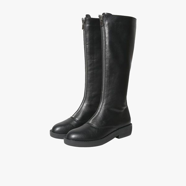 

katelvadi leather boots soild knee high round toe zipper frount square high heel women shoes fashion winter boots ylt-006, Black