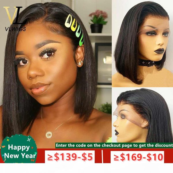 

vlwigs short straight brazilian virgin remy human wig black side part lace 13*4 lace front wig pre-plucked natural hairline vl29, Black;brown