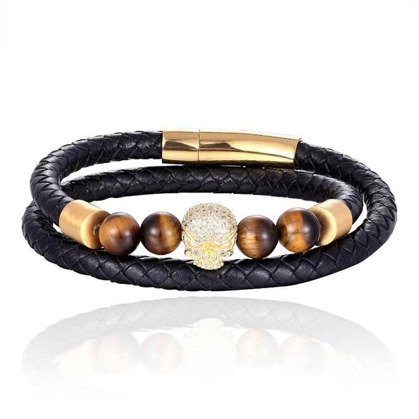 

fashion men jewelry natural stone genuine leather bracelet stainless steel magnetic clasp tiger eye bead skull bracelet men gift, Golden;silver