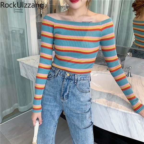 

colorblock контраст нашивки sexy с плеча slash с длинным рукавом осень тонкий knit футболка футболка корейский радуга повседневный top tee c, White