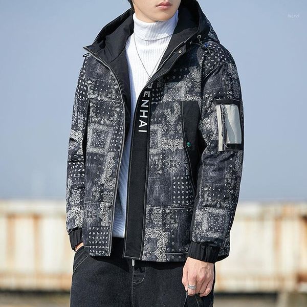 

men's winter warm jacket coat printed short jacket padded puffer male parka men's clothing1, Black