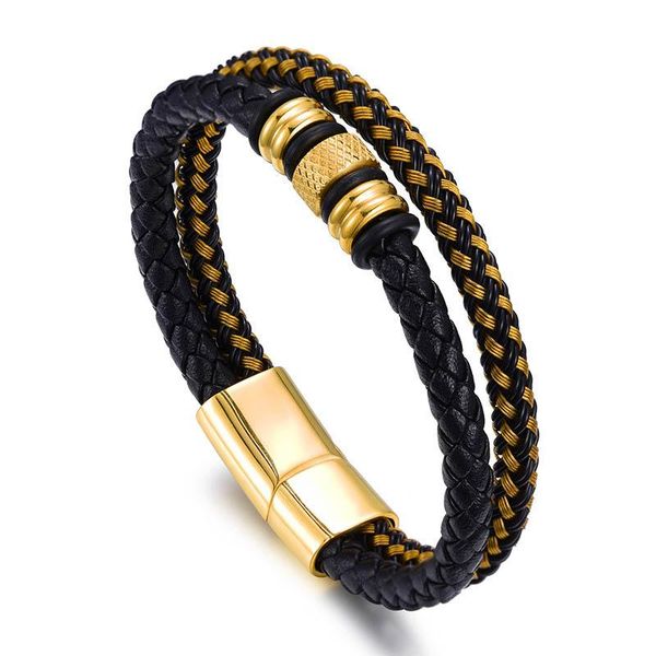 

charm bracelets double-layer braided leather cord bracelet fashion accessories for men's stainless steel magnet clasp bangle, Golden;silver