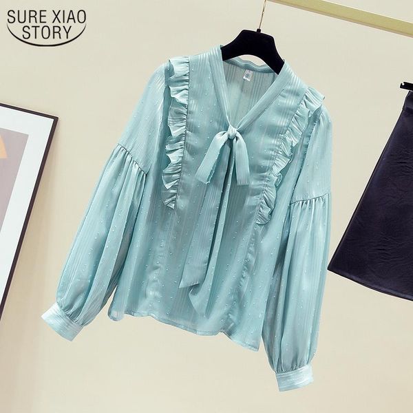 

bow v collar women's shirt autumn hong kong-style elegant puff long sleeve chiffon blouse green ruffled straight pullover 11152, White