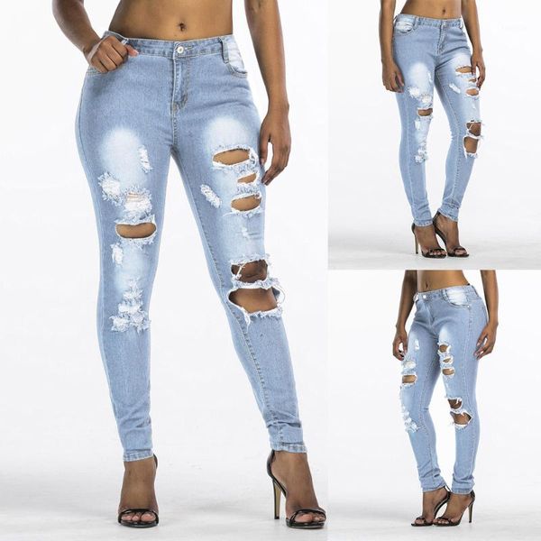 

women slim washed ripped hole soft and comfortable gradient long jeans denim regular pants l50/01301, Blue