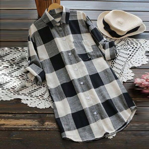 

2020 blouse women plus size turn-down collar college simplicity lattice print long sleeve buttons casual shirt blouse#g11, White