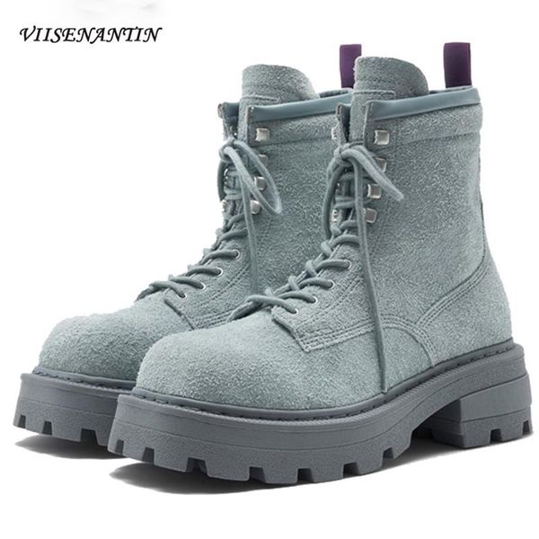 

square toe suede genuine leater blue black ankle motorcycle boots thick sole winter women's shoes lace up platform combat boots