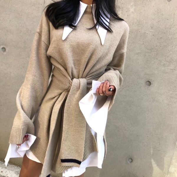 

[ewq] autumn lace up long sleeve knitting high waist medium length sweater cardigan split winter clothes pullover knitted 201130, White;black