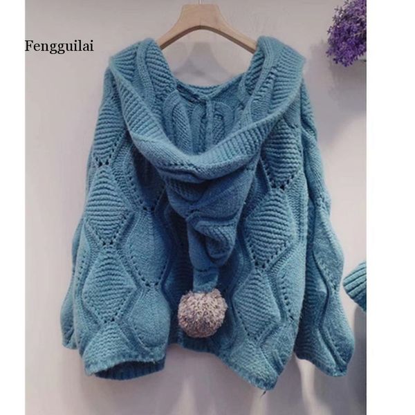 

autumn korean version of the loose loose thin hair ball hat wild knitted cardigan jacket sweater women 201023, White;black