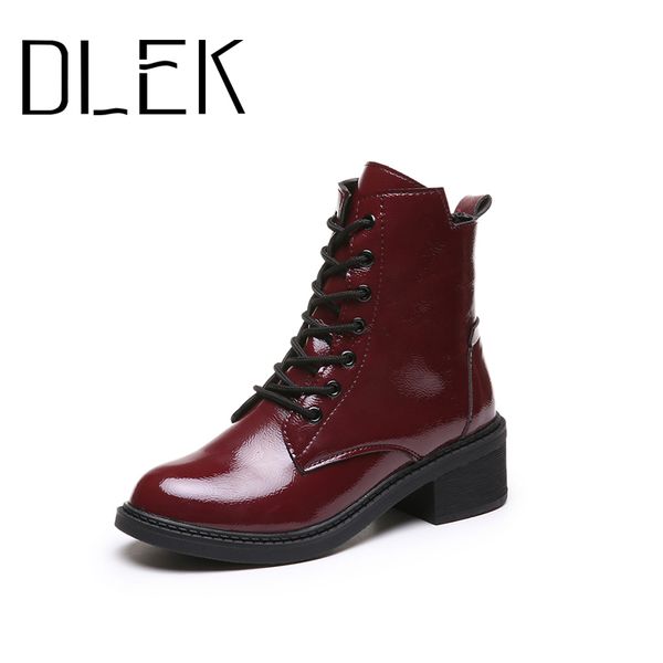 

lace up boots 2020 women martin boots patent leather round toe side zipper wine black middle heel personalized pu boots ladies 1026