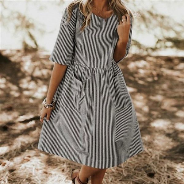 

casual a line beach dress plus size plain striped empire womens summer sundress loose o neck half sleeve baggy dresses vestidos, Black;gray