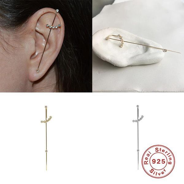 

stud gs 925 sterling silver pin ear wrap crawler earrings for women surround auricle diagonal zircon pierced earring oorbellen1, Golden;silver