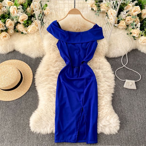 

2021 new women's design stylish solid slash neck thin party dress summer off the shoulder dressed 5fg7, Black;gray