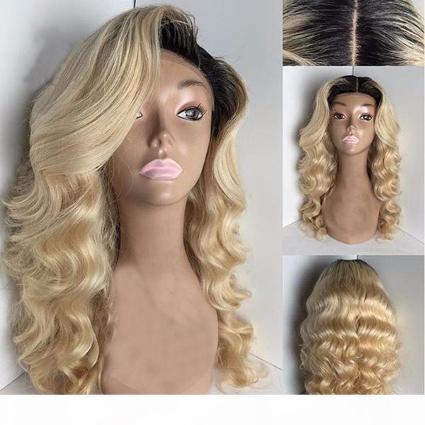 

two tone 1b 613 honey blonde dark root ombre body wave full lace wig & lace front wig for black women, Black;brown