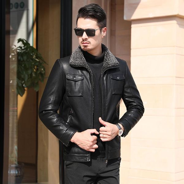 

men's fur & faux big plus size 8xl down filling jacket warm winter sheepskin leather men leisure coat wool real, Black