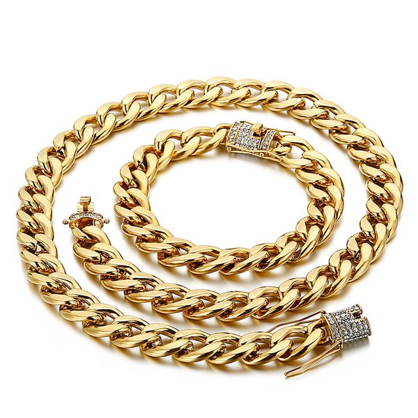 

185g heavyweight crystals gold stainless steel cuban curb chain necklace bracelet mens jewelry set 13mm wide 50cm+21cm, Silver