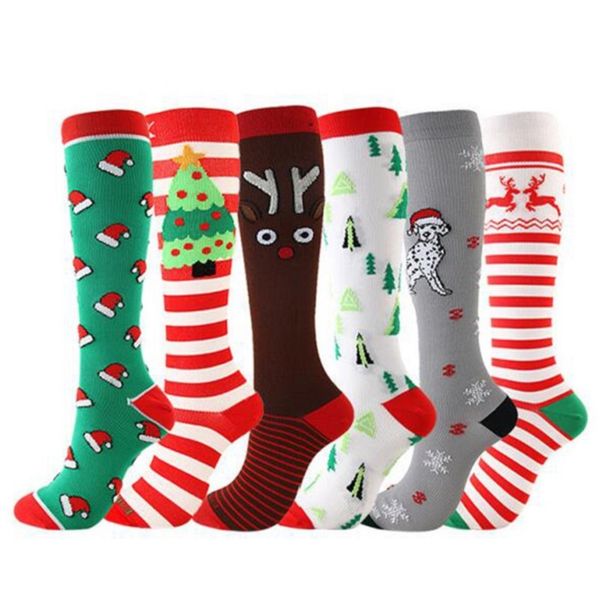 

christmas compression stockings women men pressure socks compress sports pattern running knee high nylon run socks, Black;white