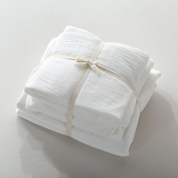 

elegant bedroom 100% washed cotton soft fabric solid pure white bedding sets  king size bed linen vintage style bed cover