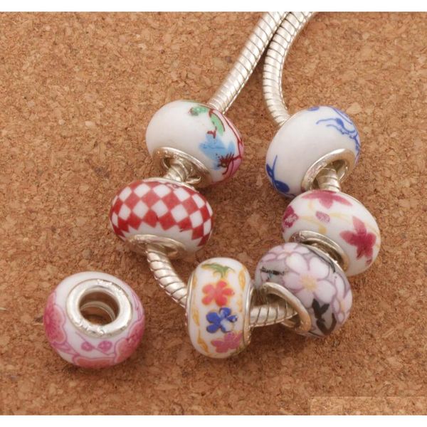

925 silver handmade porcelain ceramic big hole beads 60pcs/lot mix 14x9mm fit european charms bracelets jewelry diy mbhii, Black