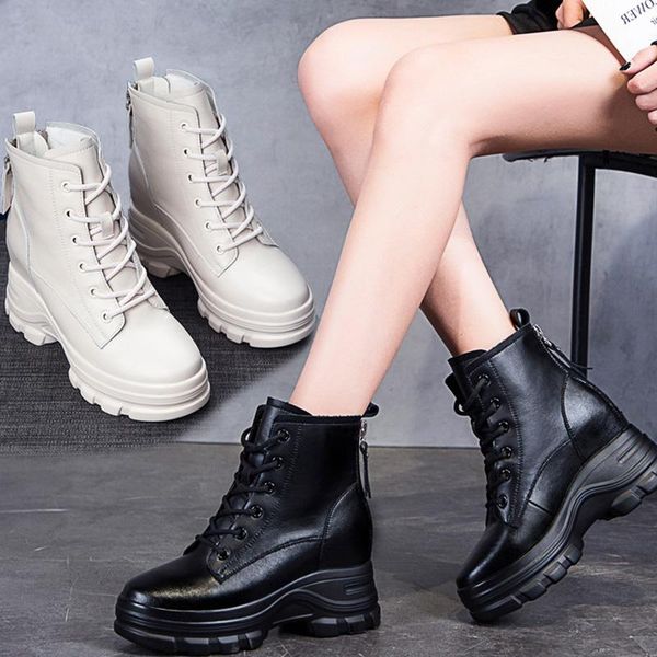 

2020 early winter boots women height increasing shoes 100% genuine leather platform shoes ladies ankle boots black white a2777
