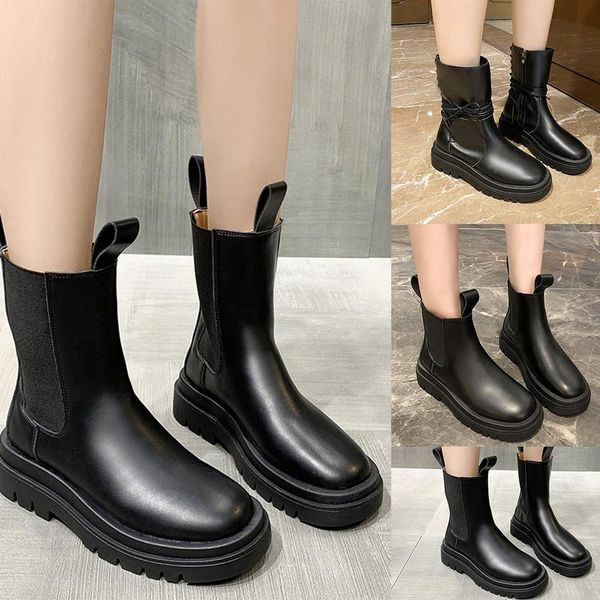 

monerffi boots female women shoes ankle 2020 new autumn british wind pu leather thick with short boots motorcycle, Black